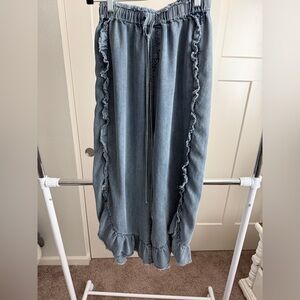 Easel Chambray Ruffle Wide Leg Pants | Medium | Boho Denim Drawstring